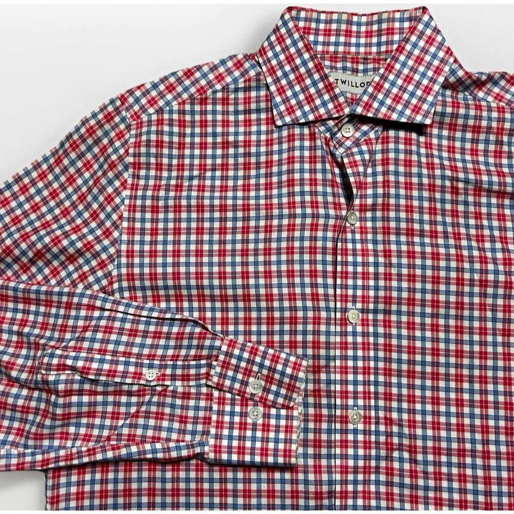 Twillory Shirt Mens Size 15.5 Medium Non Iron Tailored Fit Plaid Blue Pink Check
